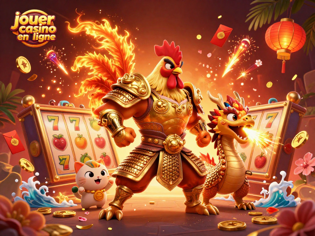Jouer au casino en ligne avec le guerrier coq 3D et un dragon harnaché, entourés de symboles de machines à sous et de lanternes.