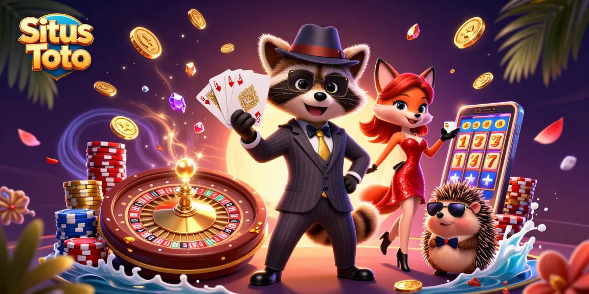 Experience thrilling gameplay at Situs Toto with a 3D illustration showcasing vibrant casino elements and characters.