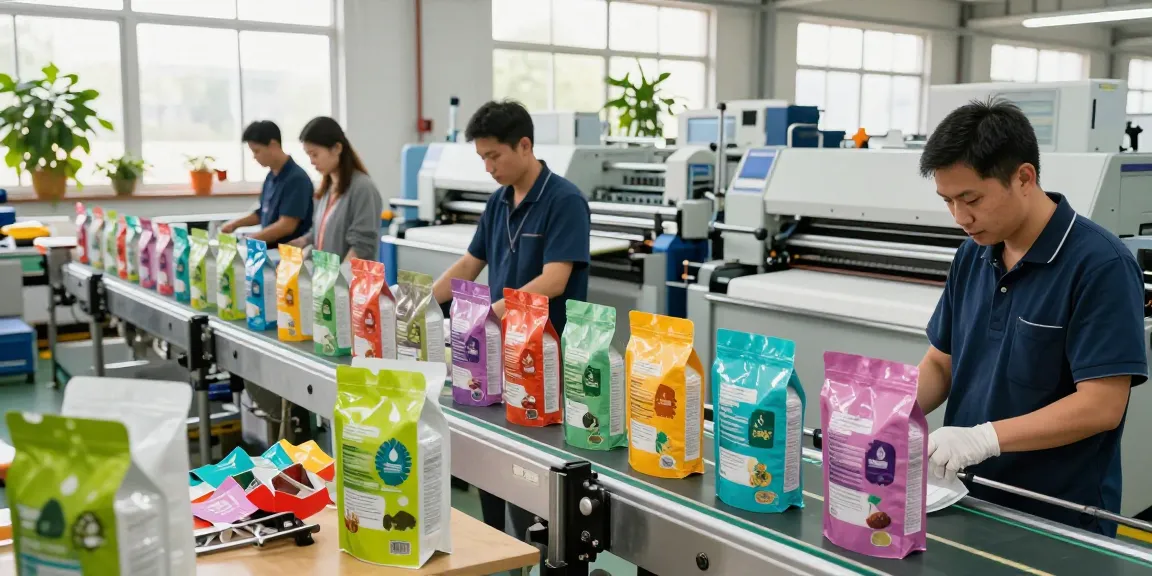 Custom flat bottom bags being produced in a vibrant packaging facility.
