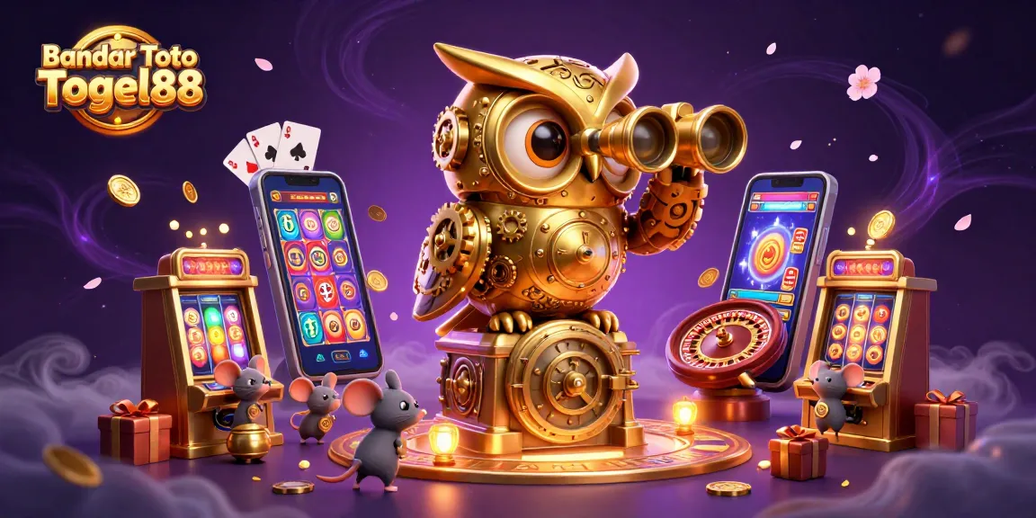 Immerse in the thrilling world of Bandar Toto Togel88 with a vibrant casino scene featuring a clockwork owl and dynamic slot games.