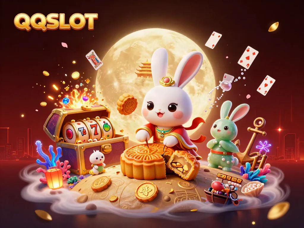 Engage with QQSLOT as 3D characters showcase vibrant casino elements on the moon