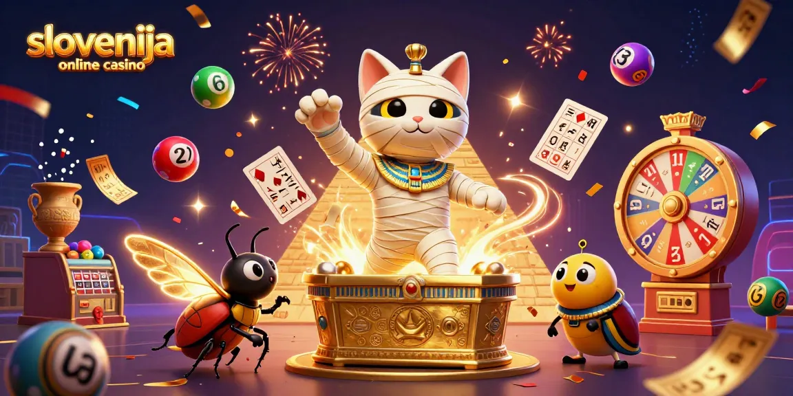 Slovenija online casino prikazuje zabavno 3D ilustracijo egipčanske mumije in bogatega ambienta igralnice.