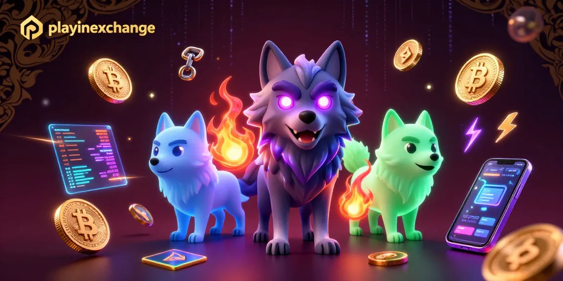 Watch playinexchange come alive with glowing wolves and crypto elements in a vibrant casino scene.