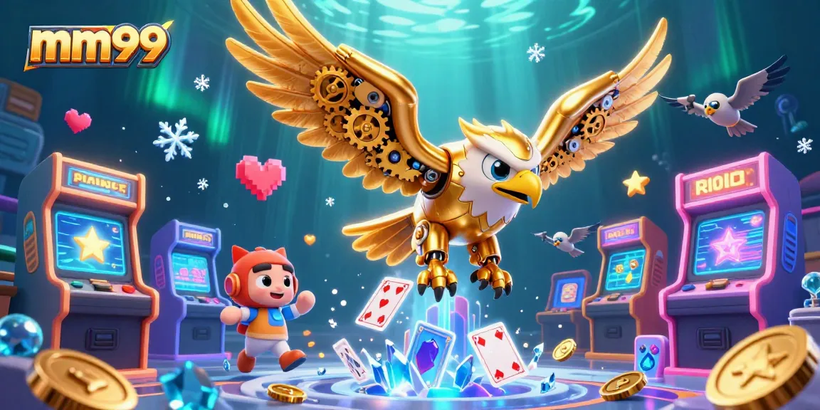 Experience excitement at the mm99 casino with a dynamic 3D eagle illustration, capturing the thrill of gameplay.