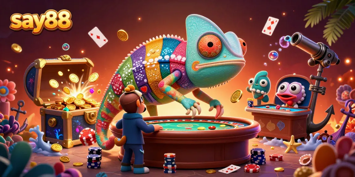 Discover exciting gameplay at say88 with a vibrant 3D casino scene featuring a chameleon owner and thrilling gaming elements.