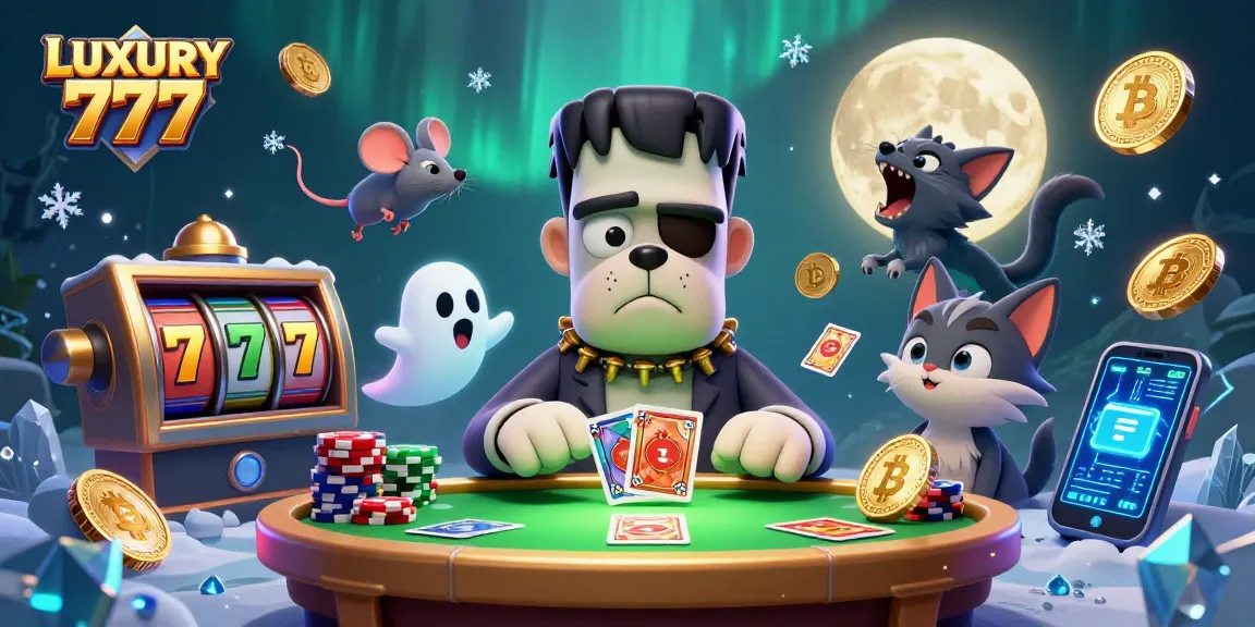 Menghadapi keberuntungan di LUXURY 777 dengan monster bulldog yang dealer kartu dan simbol jackpot yang menawan.