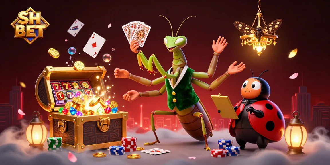 Engage with SH BET in a lively 3D casino scene featuring a giant praying mantis dealer and vibrant game elements.