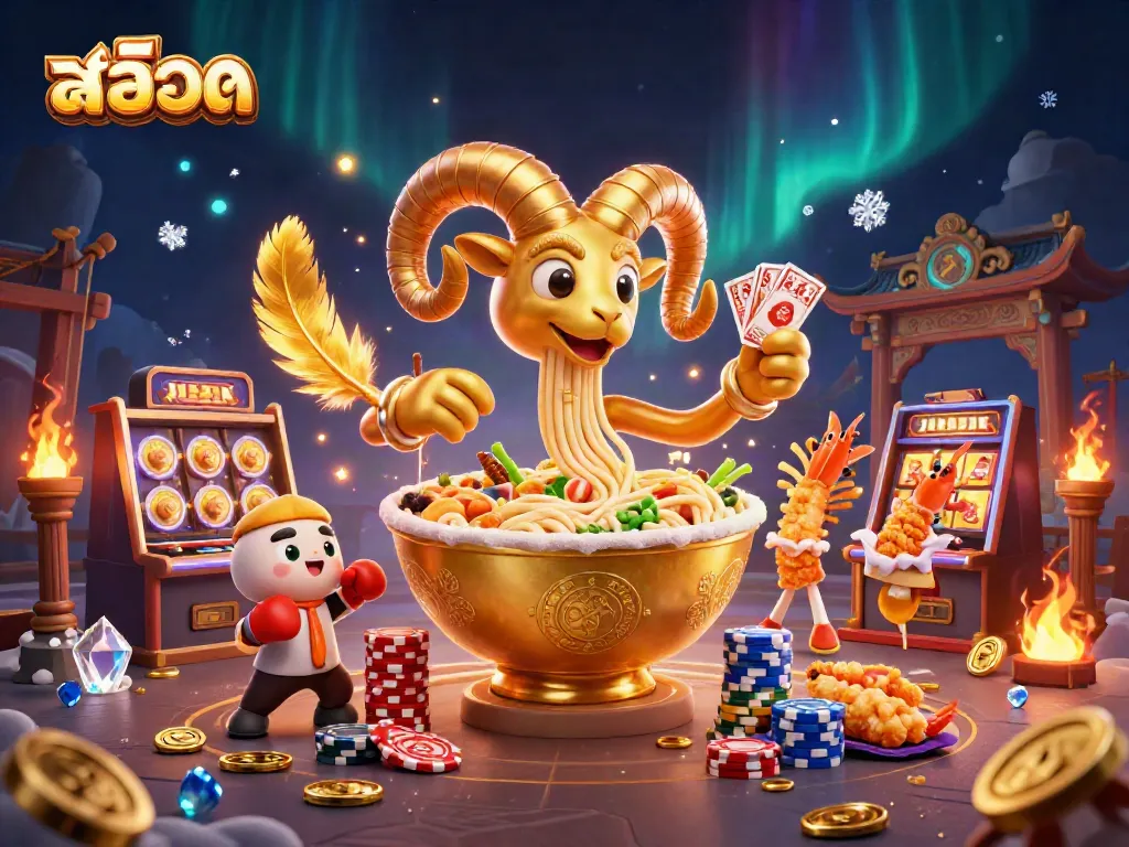 Engaging illustration featuring a giant ramen bowl character dealing cards in a bustling casino setting with slot machines.