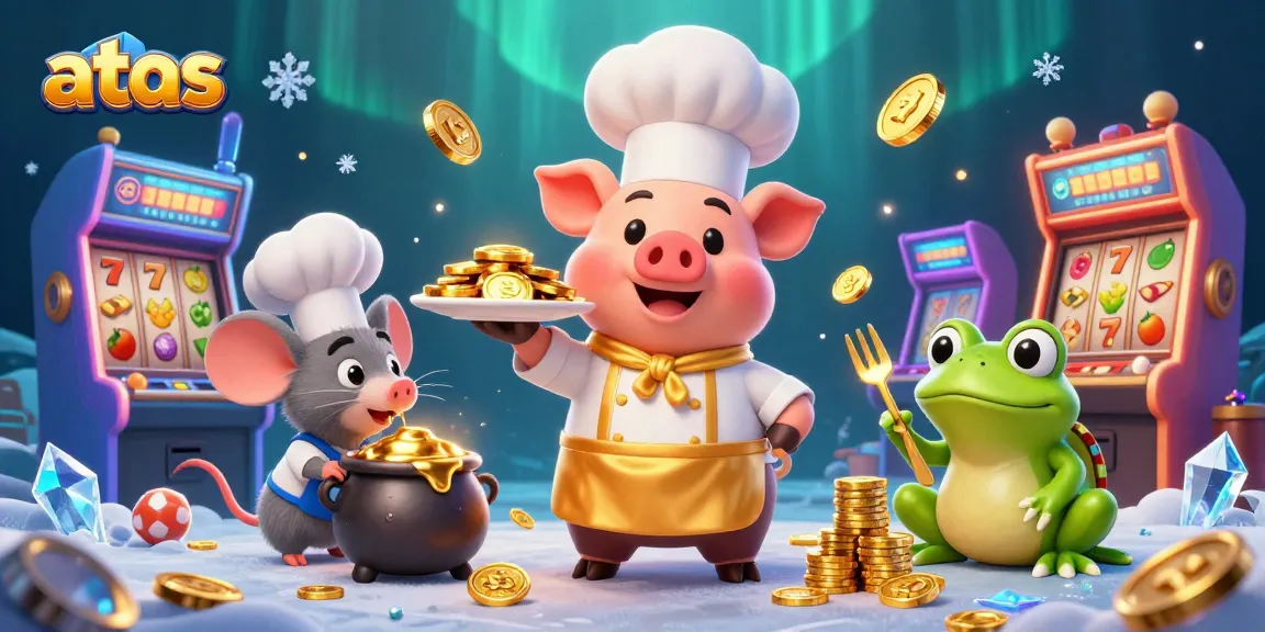 Spin the jackpot at atas casino with a vibrant scene of lively characters and golden coins.