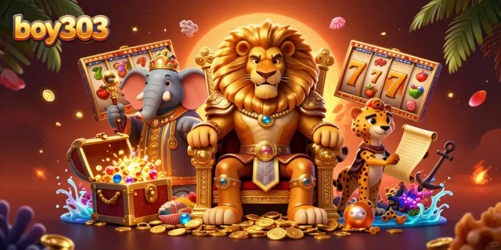 Experience the excitement of boy303 with a vibrant casino-themed illustration featuring slot machines and characters.