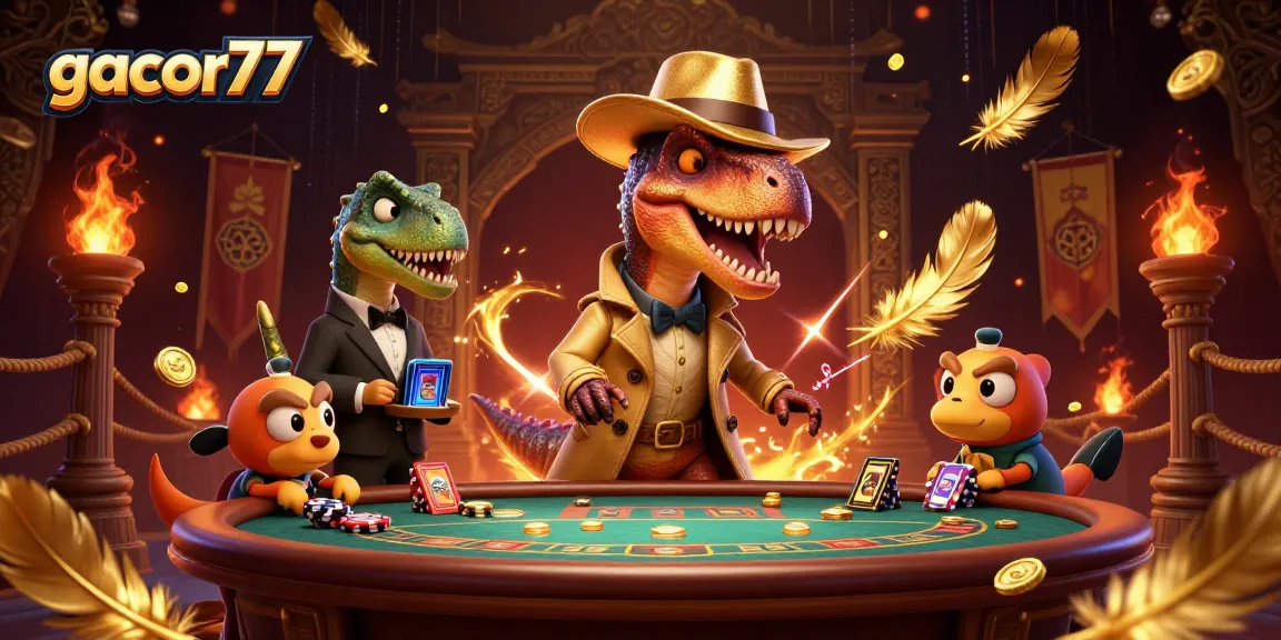 Gacor77 menunjukkan raptor bermain blackjack dengan pit boss stegosaurus dan pencopet kecil yang mencuri chip.