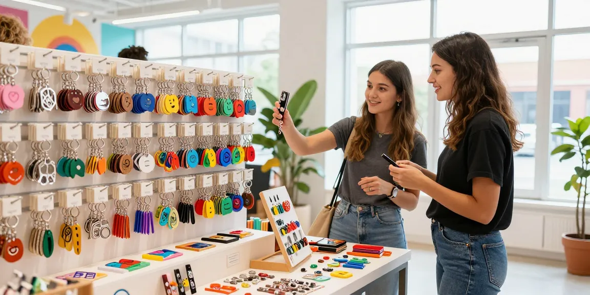 Discover personalized keychains in a vibrant retail setting, showcasing a variety of styles and accessories.