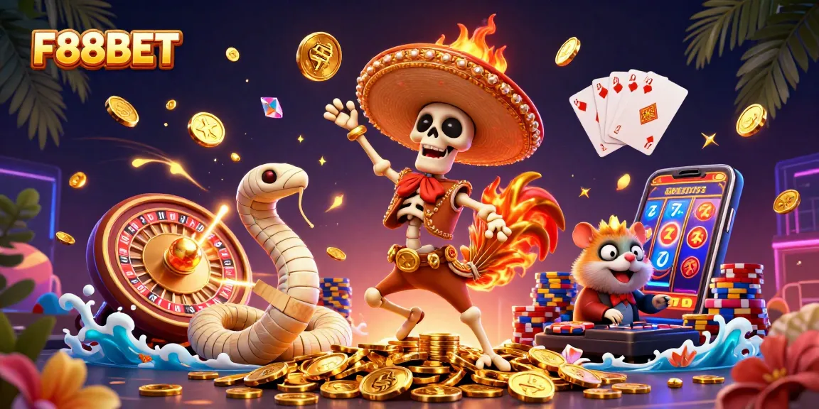 Engage in thrilling casino fun with F88BET, join unique gaming characters amidst vibrant casino elements.