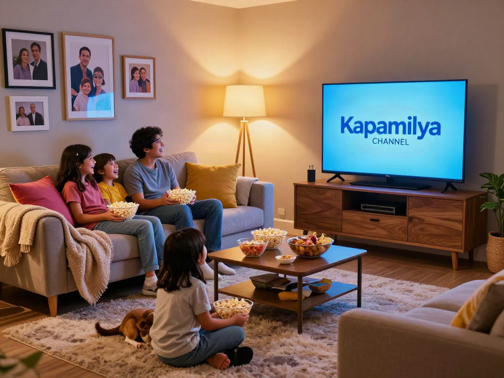 Family enjoying movie night while streaming kapamilyachannel.com in a cozy living room.