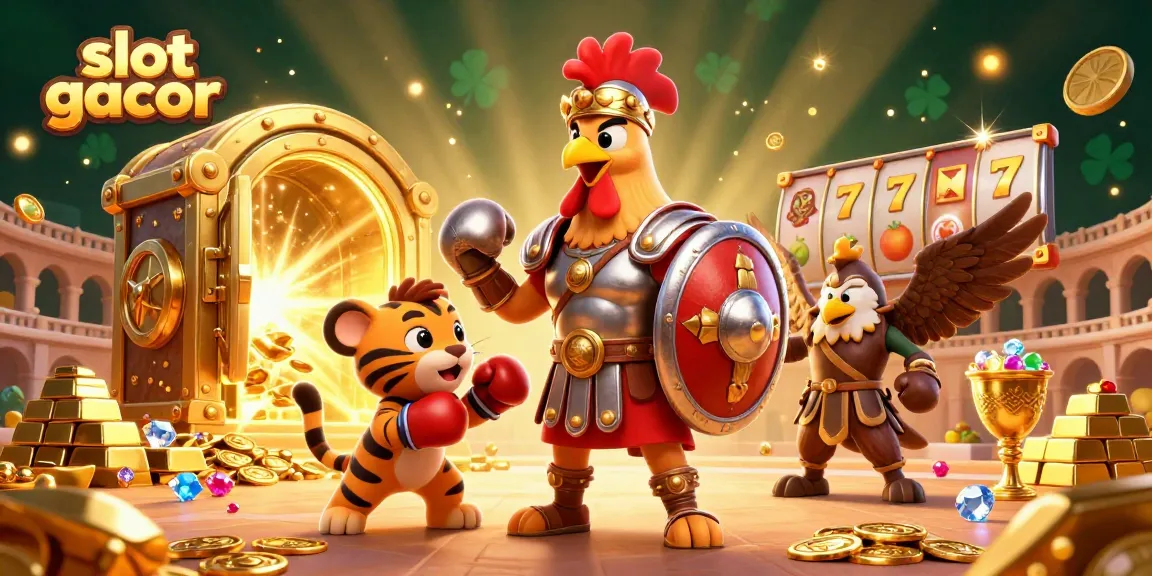Experience the thrill of slot gacor with a dynamic 3D casino scene featuring a gladiator rooster.