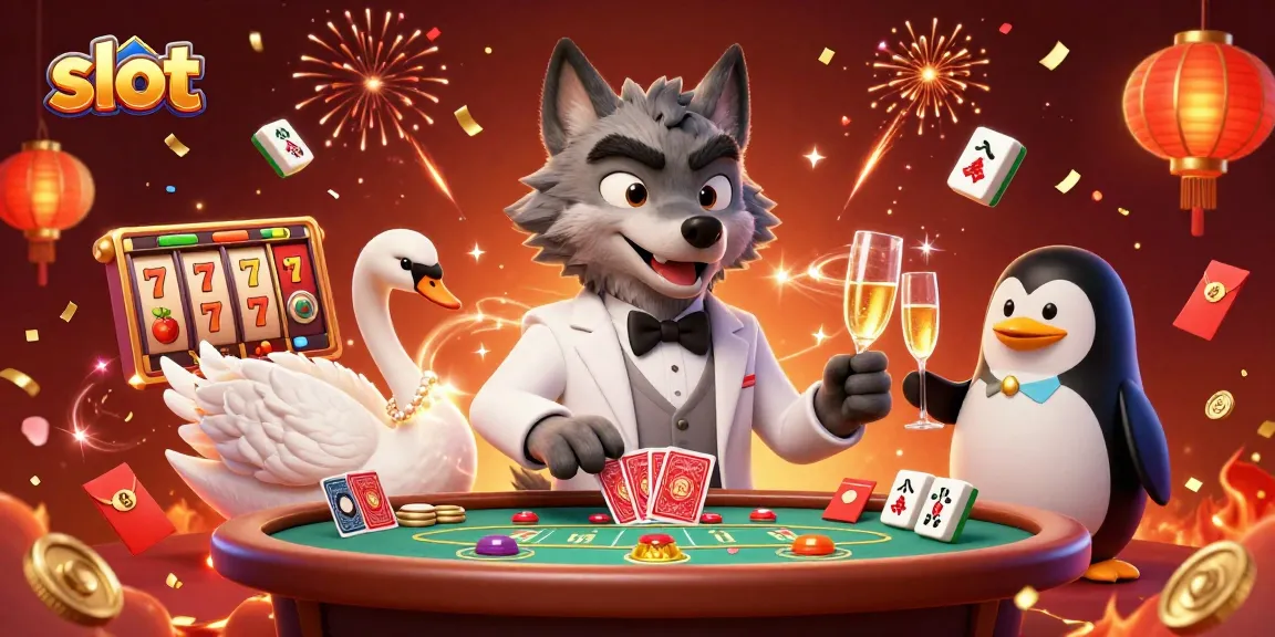 Spin your way to slots excitement with a debonair wolf and friends at a vibrant casino scene.