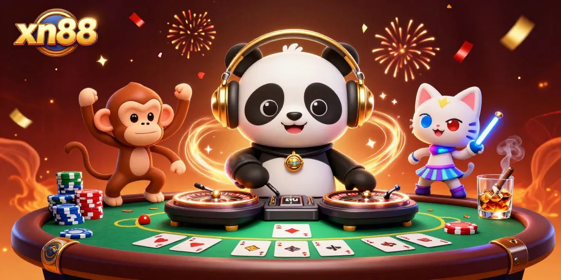 Experience thrilling gaming at xn88 with dynamic characters celebrating around poker tables.