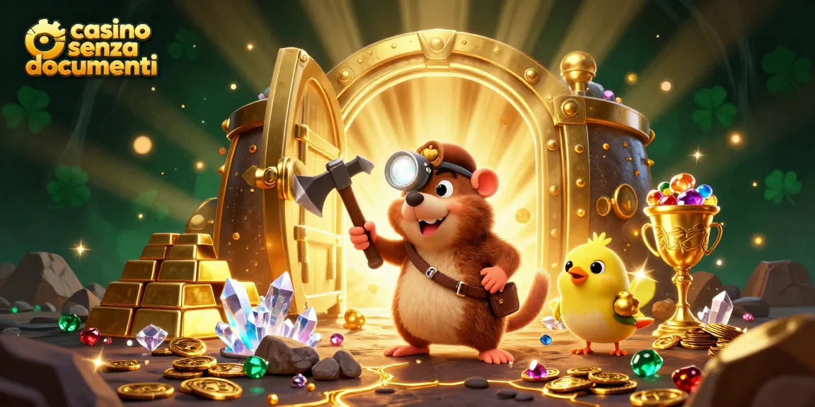 Scopri l'azione vibrante in una scena di gioco con casino senza documenti, caratterizzata da tesori d'oro e personaggi dinamici.