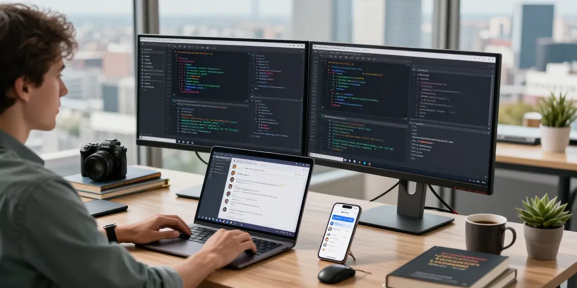 Engaged developer at a digital workspace coding on dual monitors while using teiegramin.com for team collaboration.