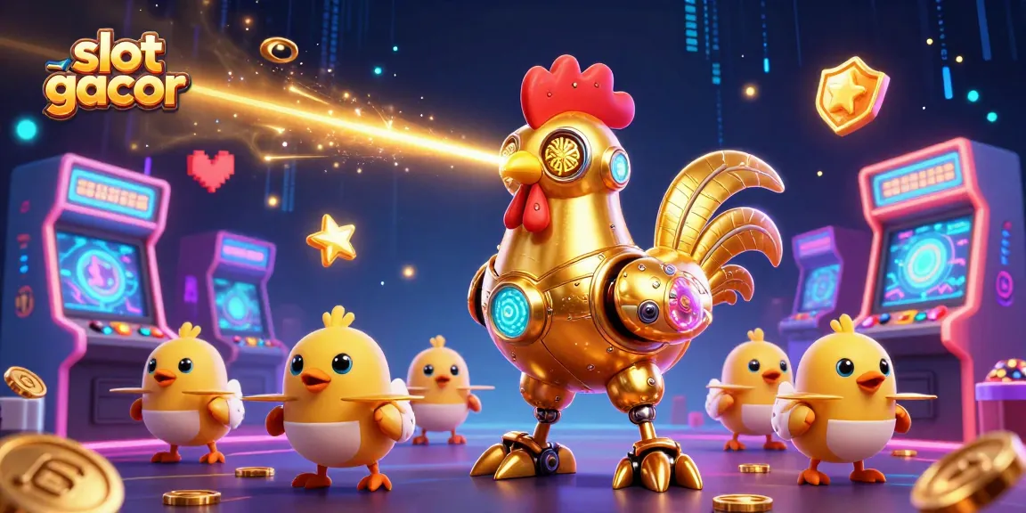 Memutar slot gacor yang dikelilingi oleh karakter robot ayam emas futuristik dan mesin arcade berwarna-warni.