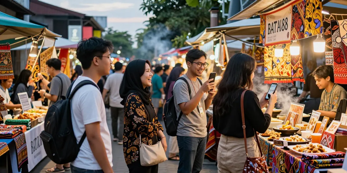 Pengunjung menikmati suasana pasar malam dengan produk BATIK88 yang berwarna-warni.