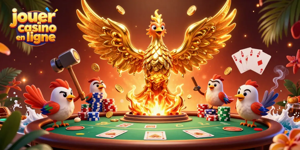 Jouez au casino en ligne avec cette illustration du phénix doré émergeant d'une forge, entouré de jeux de cartes.