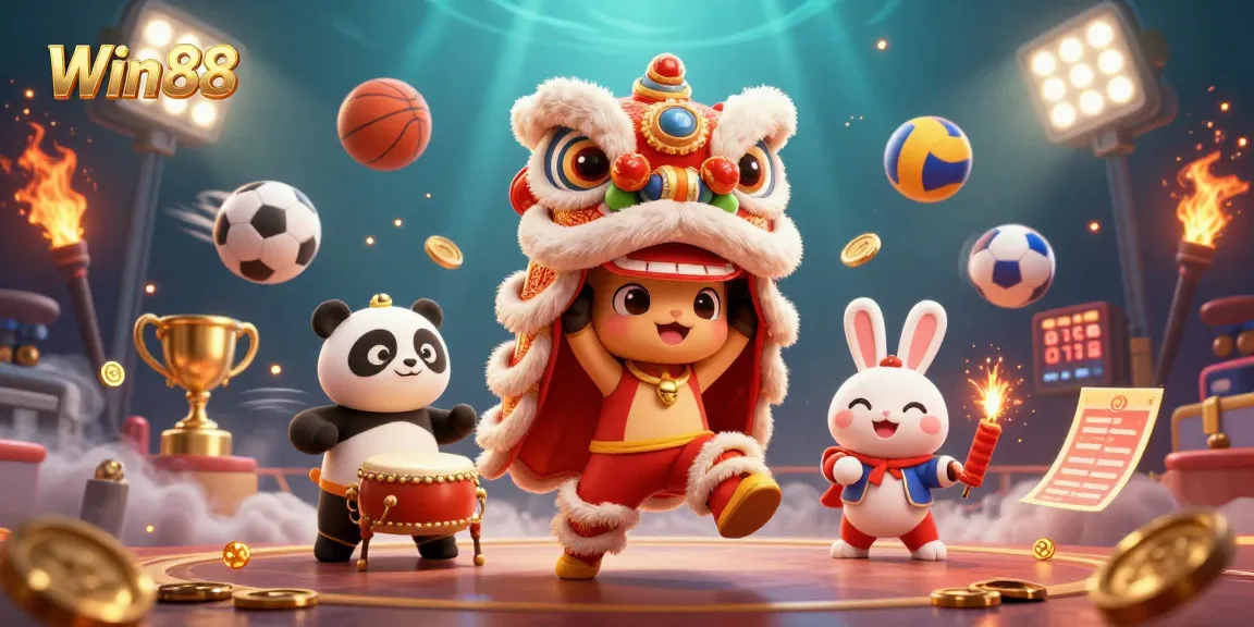 Enhance your play at Win88 with vibrant casino-themed illustration showcasing a lion dance and sports betting