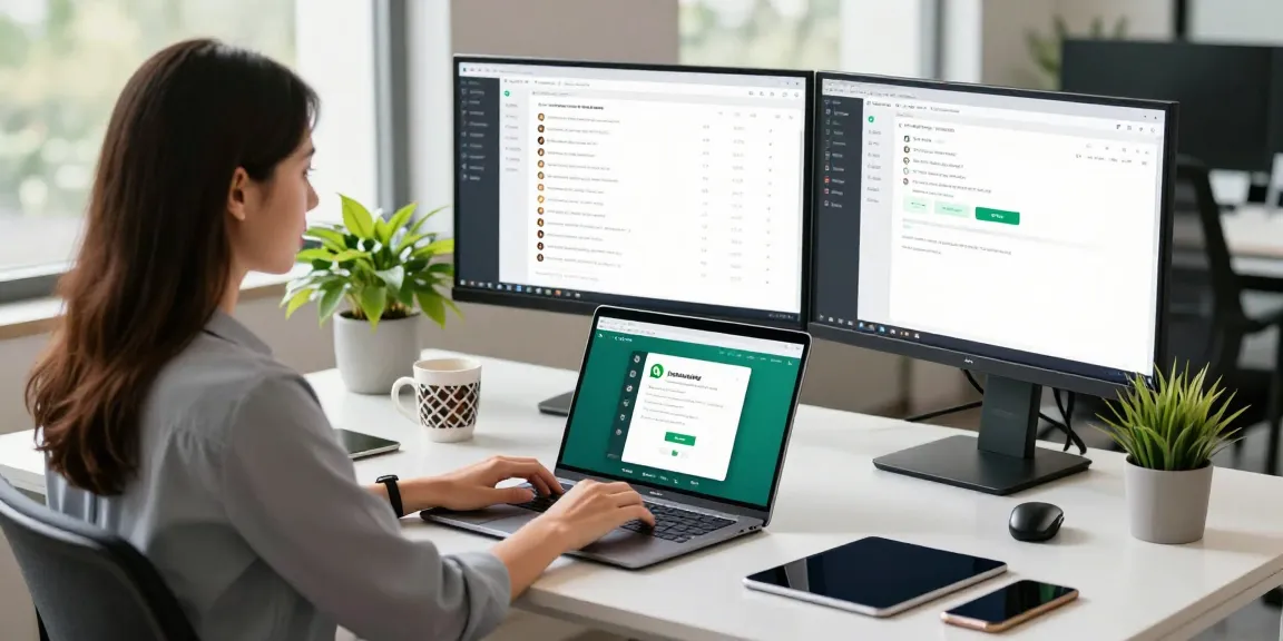 Professional woman using WhatsApp網頁版 on a laptop in a modern office environment.