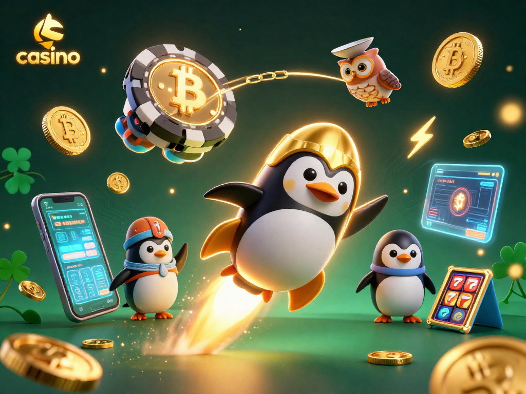 Experience the vibrant casino adventure with a penguin in space and golden coins flying!