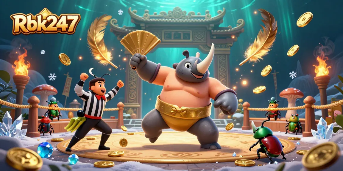 Rbk247 invigorates the game with a sumo beetle champion amidst swirling coins and fiery effects in an exciting arena.