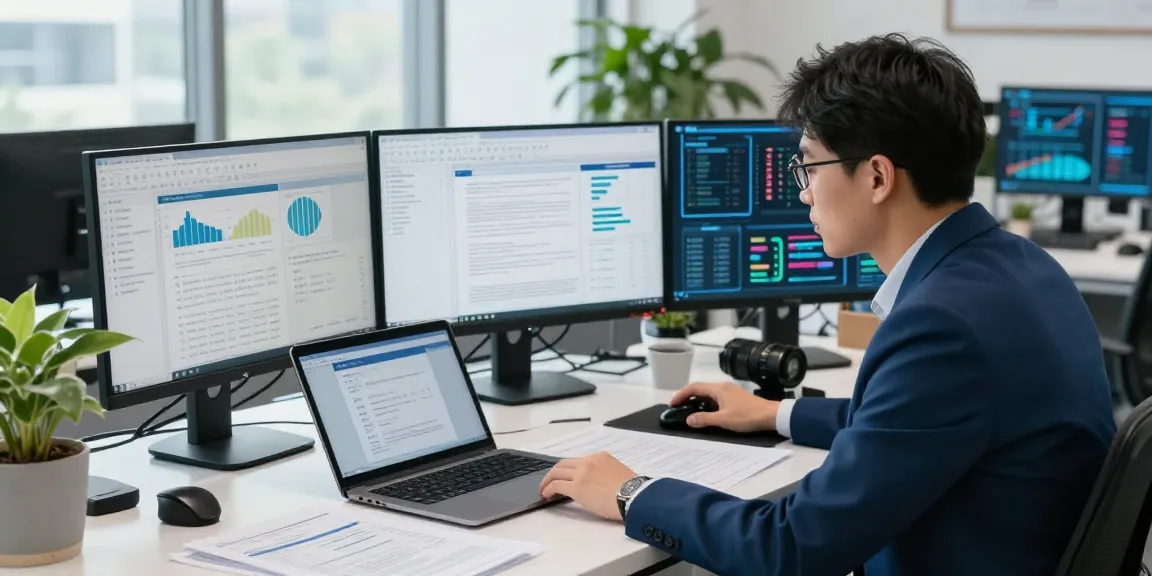 Data analyst performing document fraud detection analysis in a modern office.