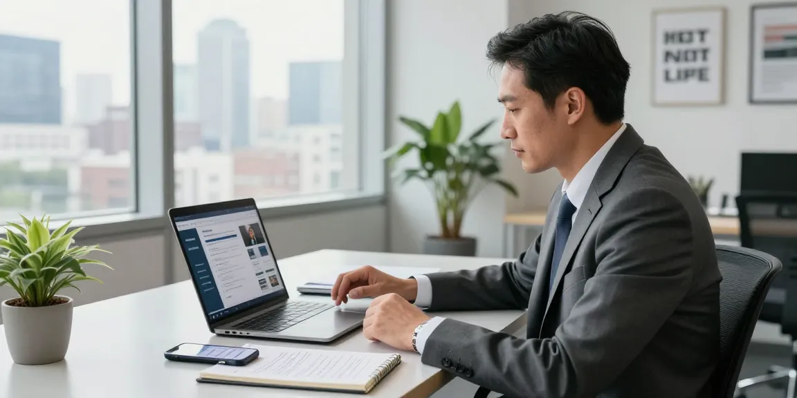 Executive job search guide in a modern office, showcasing a candidate reviewing job strategies on a laptop.