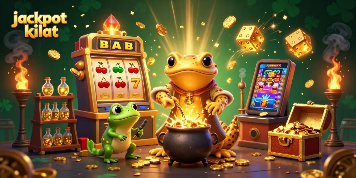 Experience the thrill of jackpot kilat with a vibrant 3D scene of alchemical riches and slot machine excitement.