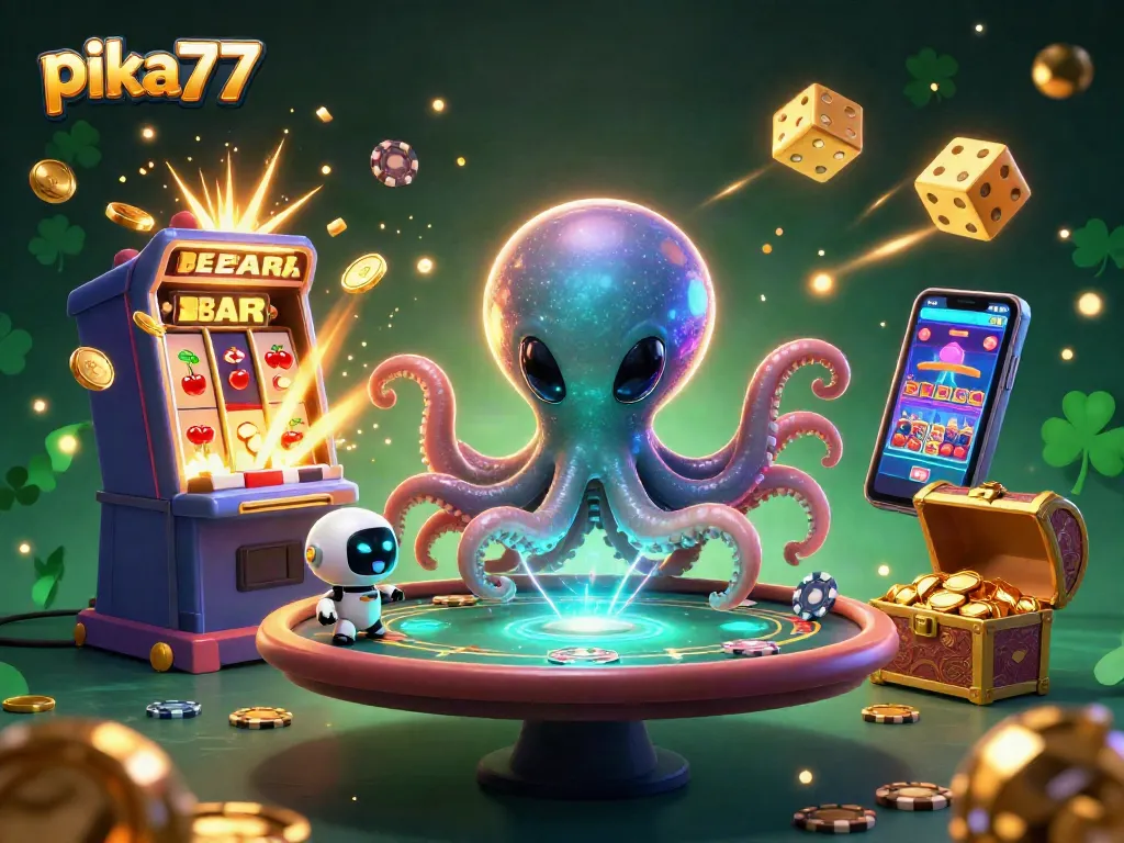 Spin to win with pika77 in this vibrant 3D casino scene featuring an alien octopus and glowing gaming elements.