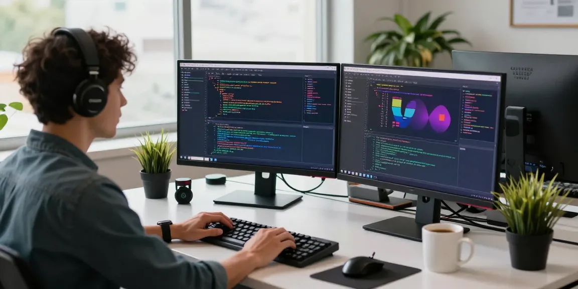 Workspace of a developer working on 纸飞机中文版, with coding screens and tech gadgets.
