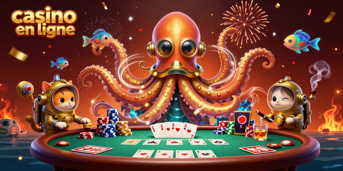 Venez découvrir l'univers vibrant des jeux de casino en ligne avec ce kraken et un chat plongeur.