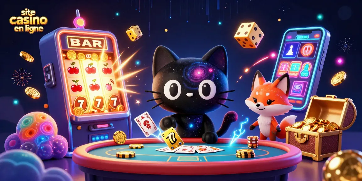 Un site casino en ligne animé où un chat noir gravitationnel attire des jetons et des cartes.