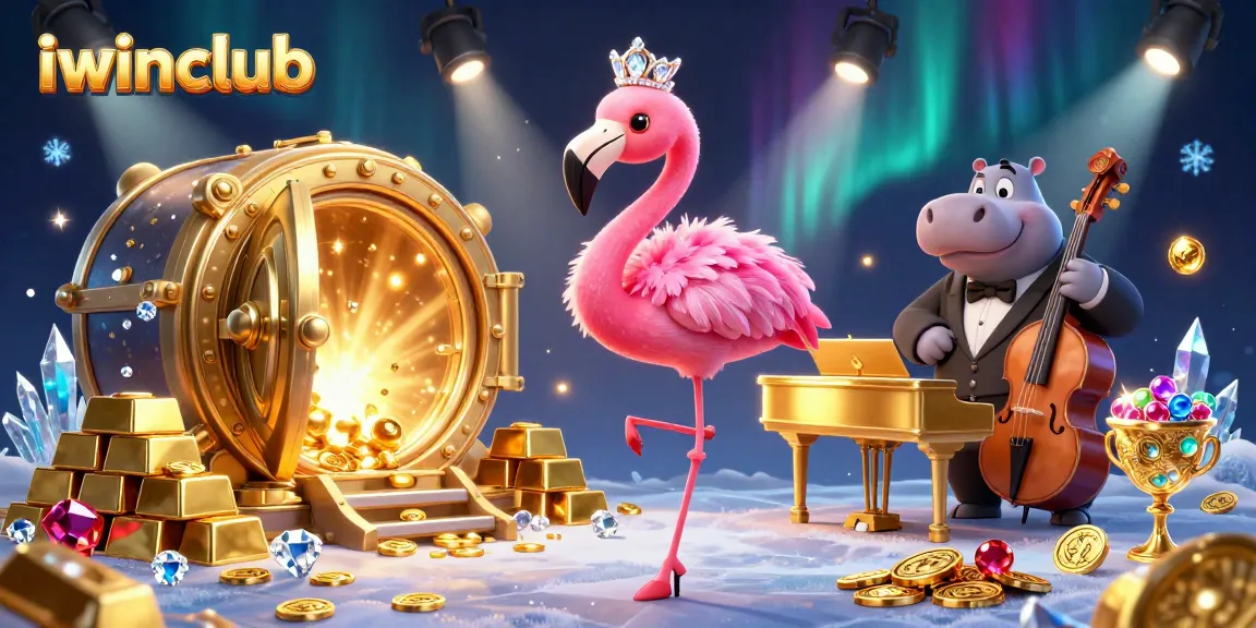 Win big at iwinclub with vibrant casino-themed 3D illustration featuring a flamingo singer.
