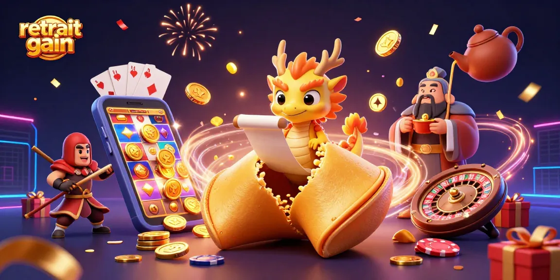 Profitez du retrait gain casino avec cette illustration dynamique d'un cookie de fortune et des éléments de jeu.