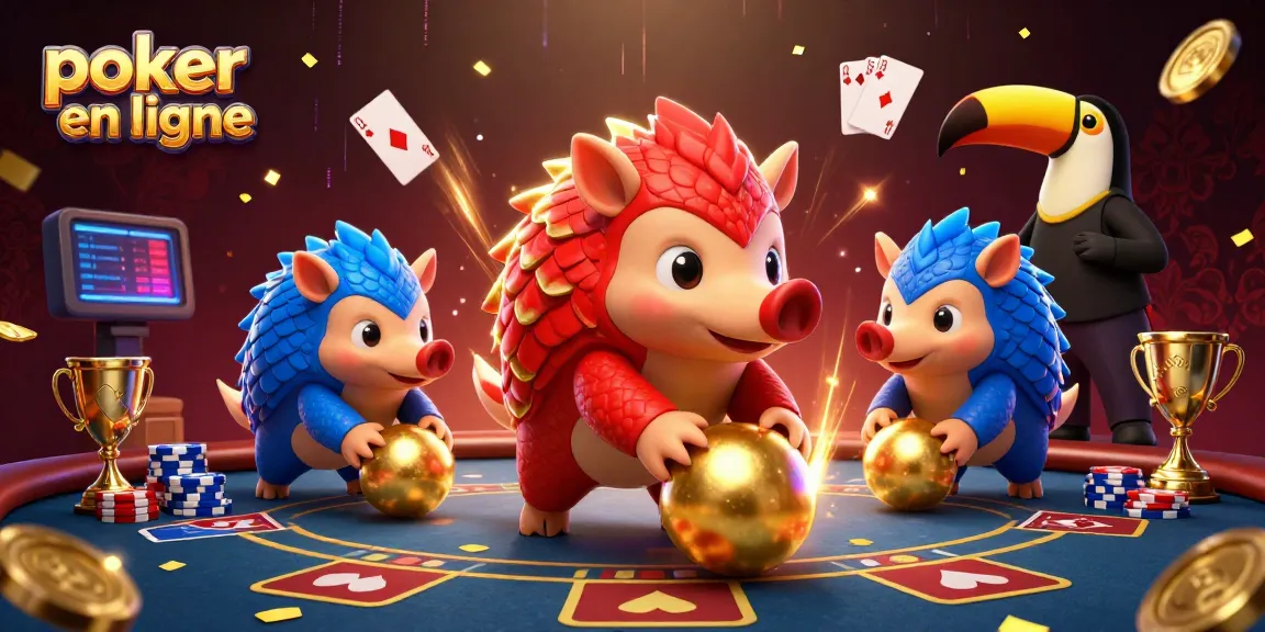Le poker en ligne avec des pangolins rivalisant à travers des jetons et des éléments de jeu sous un éclairage vibrant.