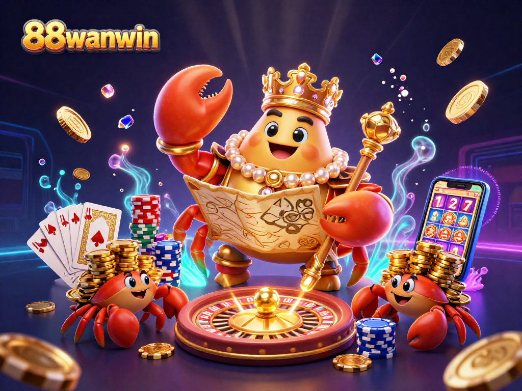 Experience the thrill of 88wanwin with a golden crab emperor amidst dazzling casino elements.