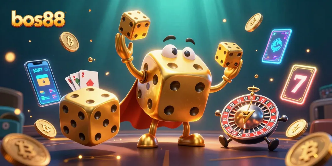 Bet on exciting games at bos88 with vibrant casino action featuring animated golden dice and crypto coins.