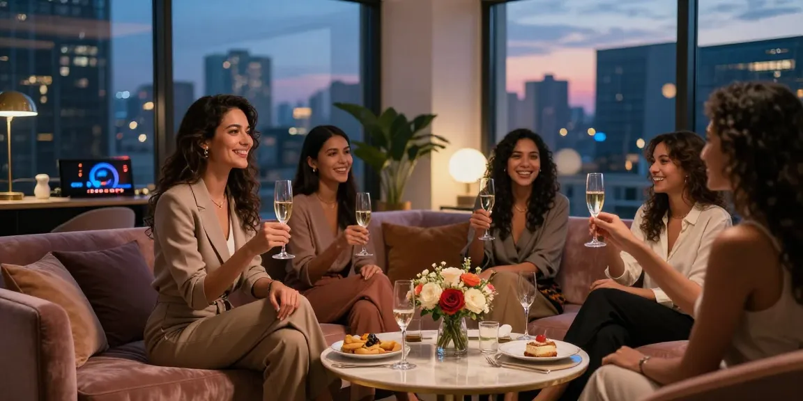 Call girls enjoying a sophisticated evening with friends in a stylish urban setting.