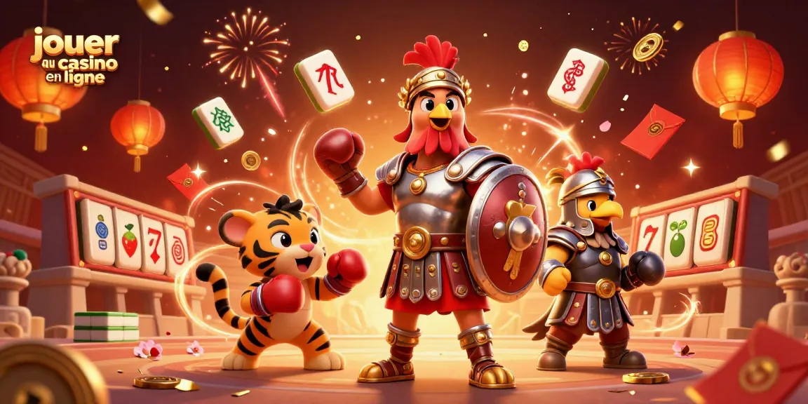 Jouer au casino en ligne avec un coq gladiateur et un tigre, célébrant des gains spectaculaires.