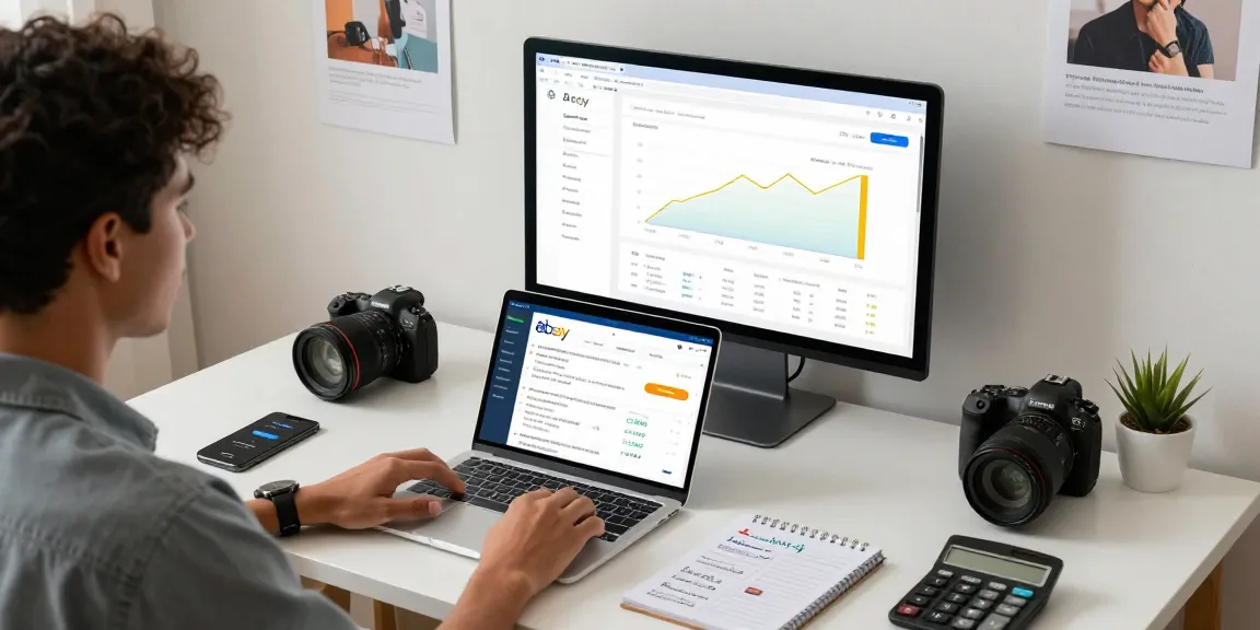 Maximize your company ebay account potential with a professional e-commerce workspace setup, highlighting analytics and listings.