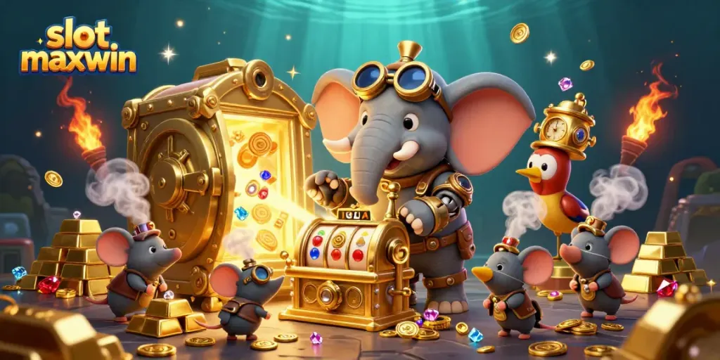 Spin the slot maxwin machine and uncover treasures in a vibrant steampunk casino scene.