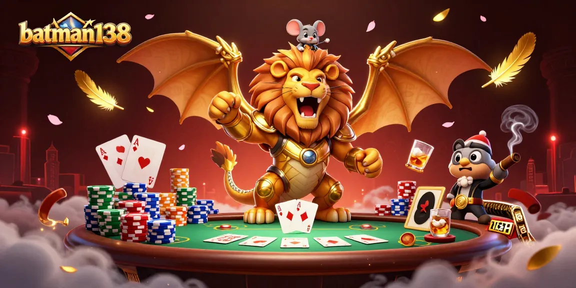 Experience thrilling bets at batman138 with a dynamic scene showcasing a fierce chimera and poker elements.
