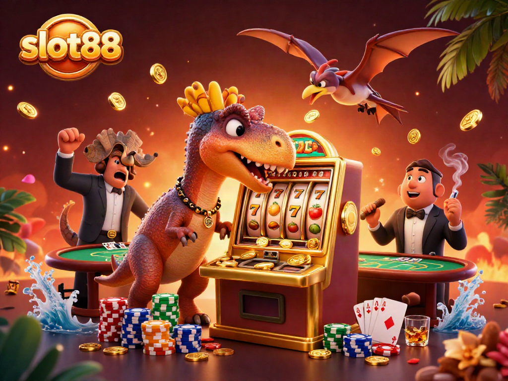 slot88 celebrates jackpots with colorful dinosaurs and a bustling casino scene full of action.