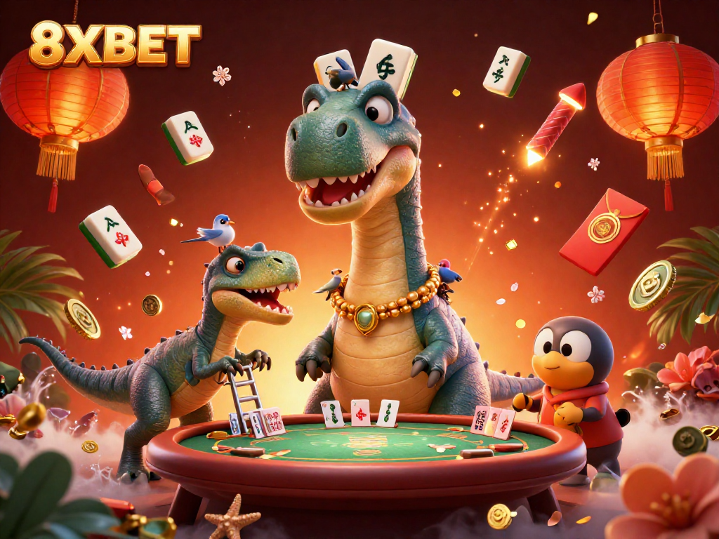Experience thrilling games at 8XBET as a dinosaur dealer surprises at the poker table amidst vibrant casino elements.
