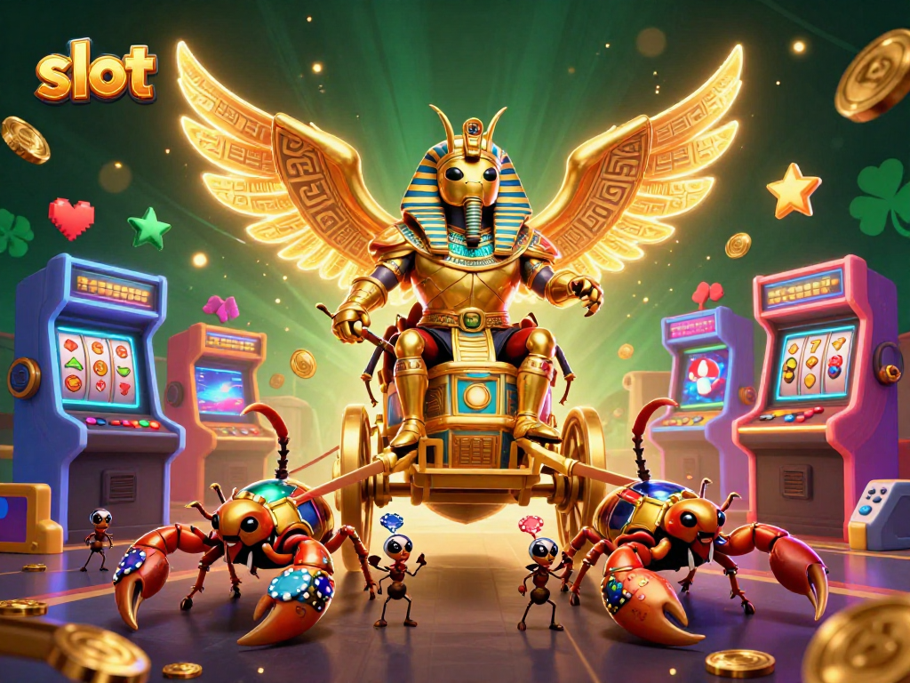 Win slots and jackpots with a dazzling casino scene featuring a golden scarab beetle and vibrant game elements.
